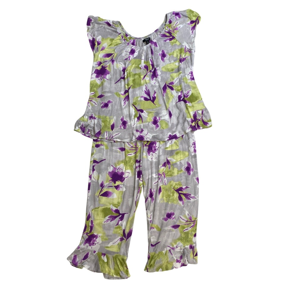 Simply Vera Vera Wang Pajama Set Large Purple Green Floral Ruffle Top Crop Pants - Picture 6 of 10